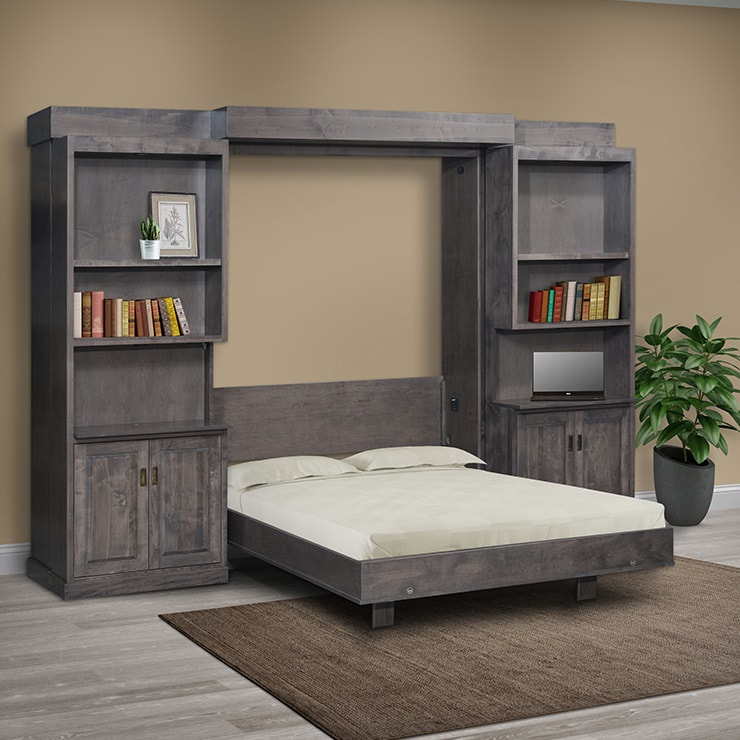 "Pro-Pulse Bookcase WallBed: Elegant space-saving solution with seamless bed transformation and built-in bookcase charm."