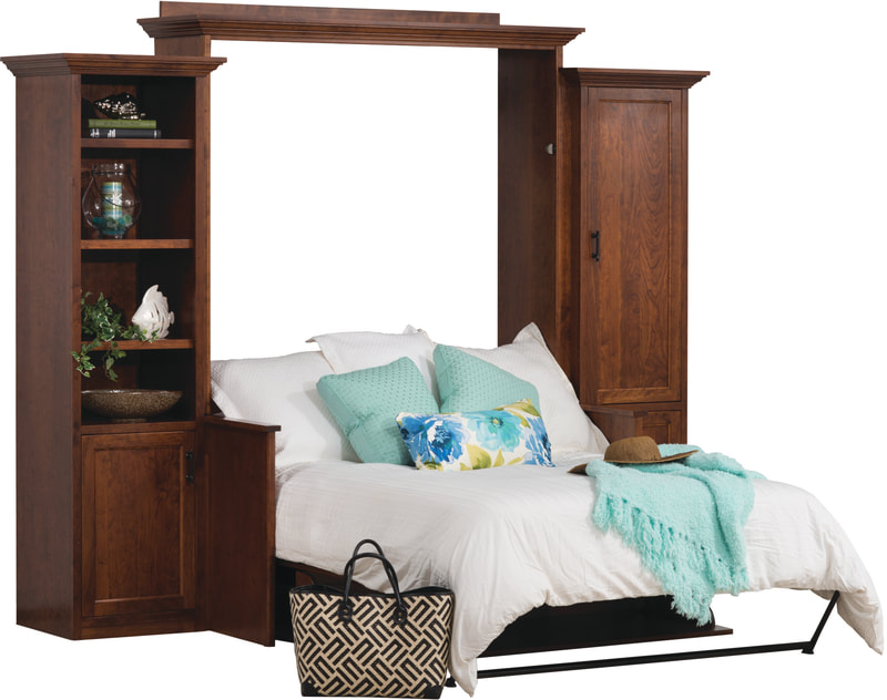 "Practical Amish Built WallBed - Combine comfort and functionality with our Murphy Bed equipped with an attached desk. This space-saving solution lets you effortlessly raise or lower the bed while maintaining a level desk, making it the perfect spot for your laptop, printer, and morning coffee."