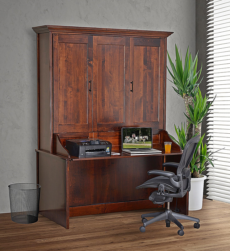 "Amish Murphy Bed with Attached Desk - Effortlessly integrate work and rest with our innovative WallBed featuring a built-in desk. Elevate or lower the bed without disturbing your workspace, offering a convenient and secure solution for your laptop, printer, and morning coffee."