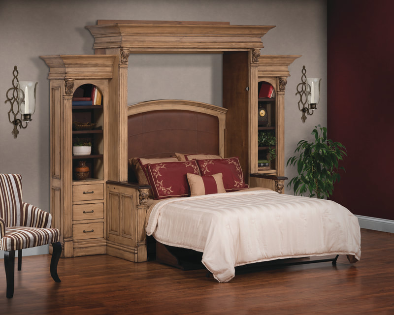 "Elegant Serenity WallBed: Fluted columns, graceful arches, and a cleverly integrated desk redefine classic bedroom charm."