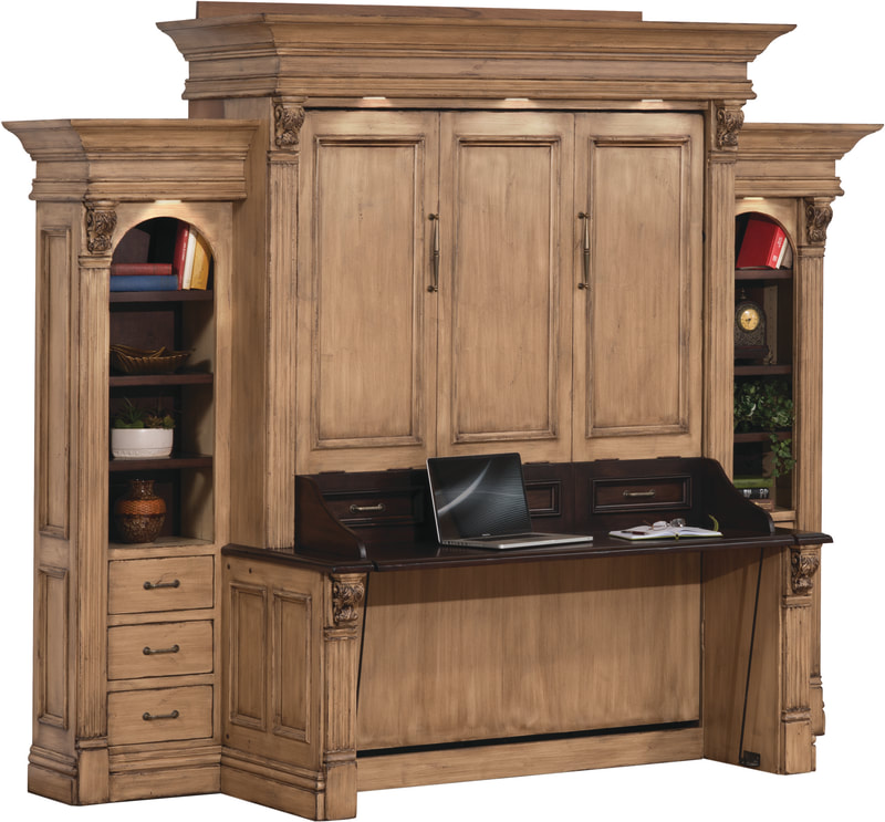"Serenity Murphy WallBed: Classic fluted columns, graceful arches, and integrated desk--timeless elegance for versatile spaces."