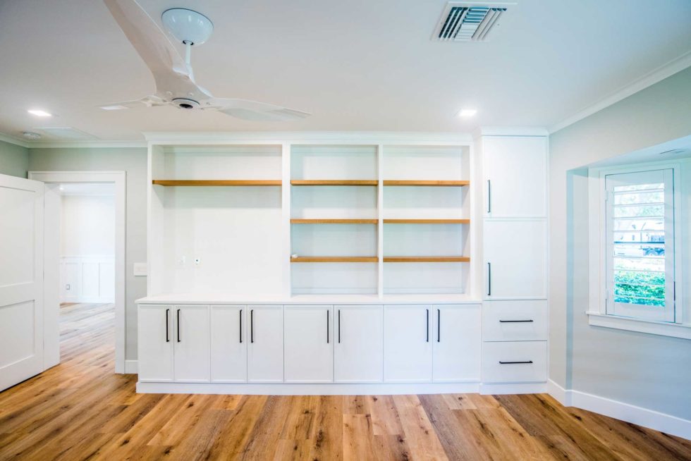 "Contemporary home office cabinetry by Amish artisans with a stylish white finish."