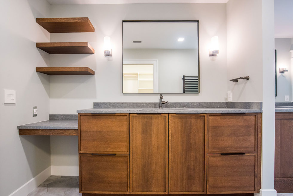 "Modern Amish bathroom cabinetry featuring sleek design and natural wood finish."