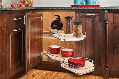 Pullout Walnut Two-Tier Bottom Mount Blind Corner Organizer, with
