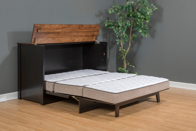 "Space-Efficient Amish Murphy Bed - Cabinet Style with Fold-Out Mattress and Optional Cubby Topper"