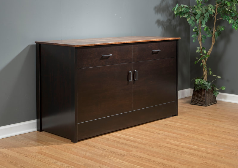"Handcrafted Amish Built Cabinet Bed - Transformable Furniture with Fold-Out Mattress and Optional Cubby Topper"