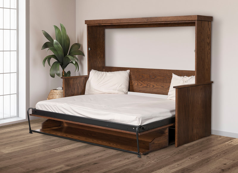 "Amish Murphy Bed: The perfect solution for small spaces, combining a desk and comfortable guest bed."