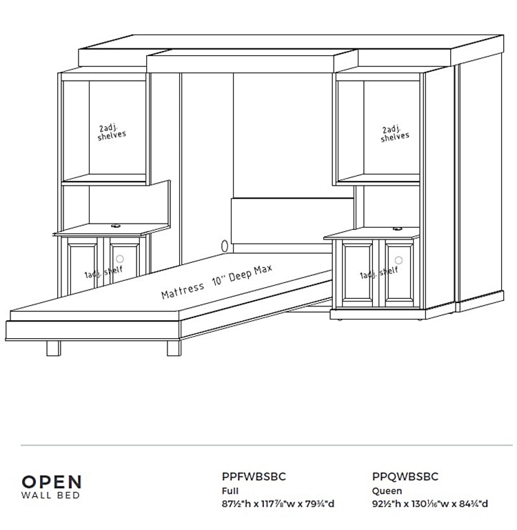 Dimensions for Amish-made Murphy Bed framed by bookshelves on either side, creating a cozy and organized sleeping area.